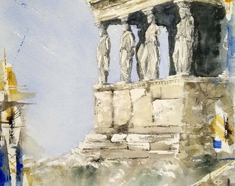 Pintura original en acuarela: "Atenas. Erechteion" de Chantal de Montparnasse. 20x12 pulgadas, papel 100% algodón de 300 gramos, decoración artística