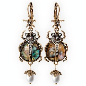 Vintage Scarab Abalone Dangle Earrings – Statement Costume Jewelry