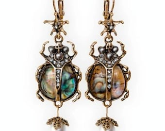 Vintage Scarab Abalone Dangle Earrings – Statement Costume Jewelry