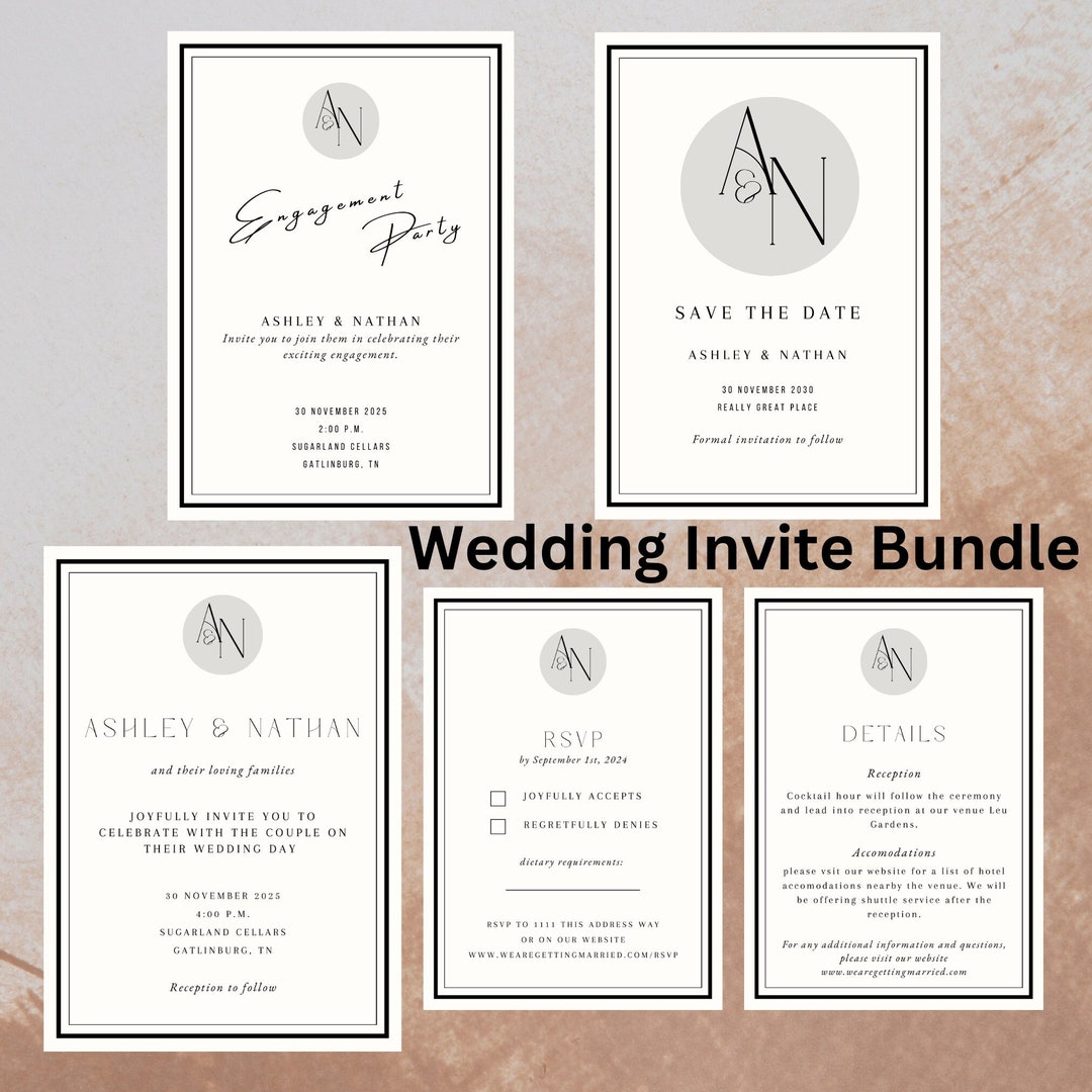 Modern Wedding Invitation Bundle Template Black and Cream Etsy
