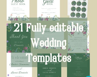 Pacchetto di 21 modelli di matrimonio completamente modificabili / Tema floreale da giardino stravagante / Modello Canva / Oltre 21 elementi Invito, Salva la data, Insegne nuziali