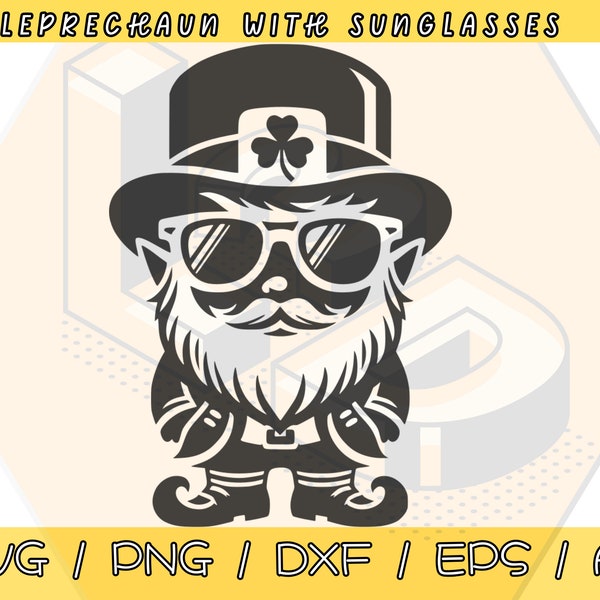 Leprechaun template with sunglasses, Saint Patrick's Day Clipart, Silhouette DXF file Svg, Png, Dxf, Eps, Ai