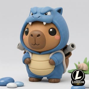 Puede incluir: Una figura de capibara marrón con un disfraz de capucha azul que se asemeja a una tortuga, con dos cañones grises en la espalda. La capucha presenta una cabeza azul con dientes blancos y una expresión enfadada. Tiene el vientre beige.