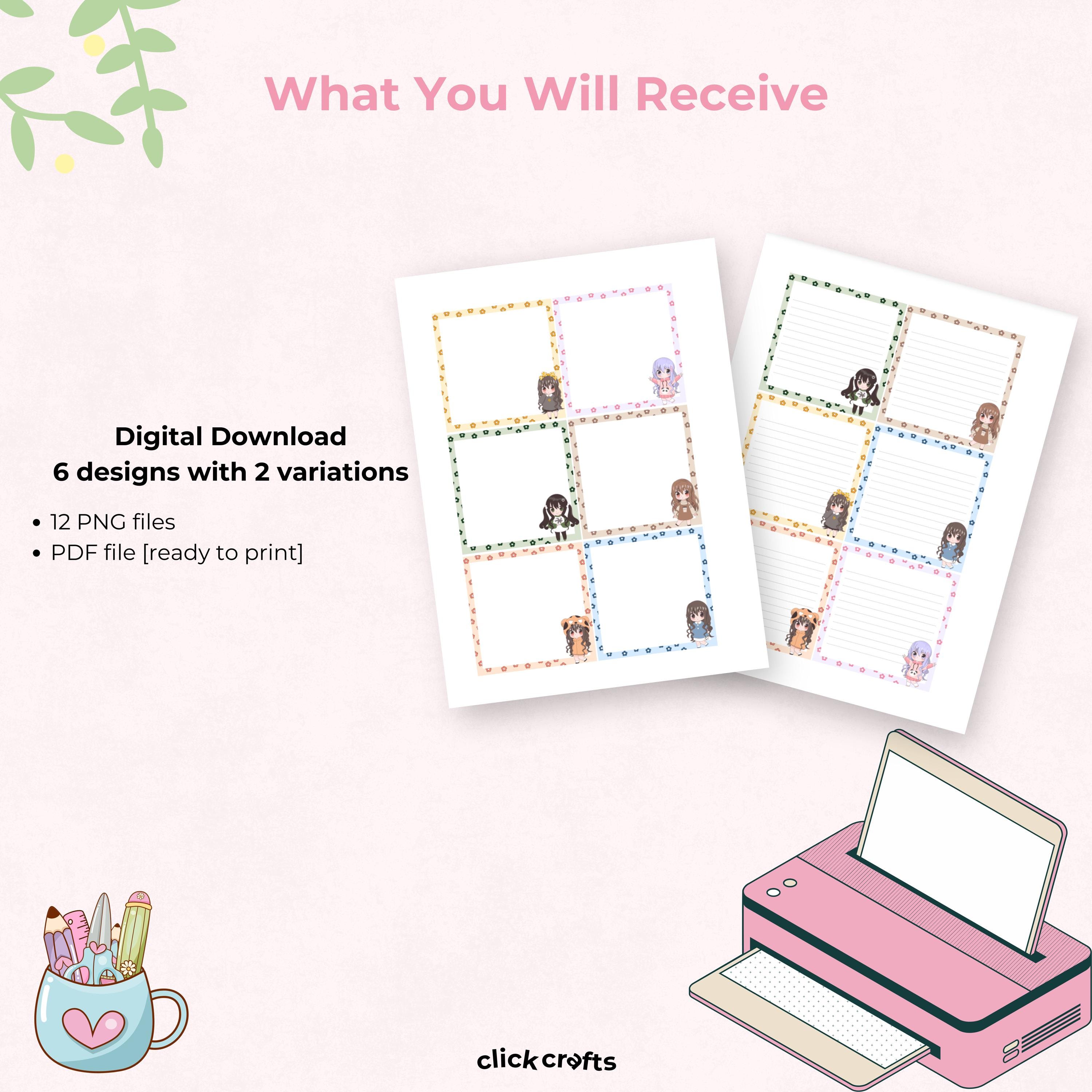Cute Girl Printable Notepad Template, Printable Square Notepad, Cute ...