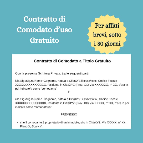 Simple Loan Contract Free Use Short Rentals, Tourist Rentals under 30 days, Holiday Homes. Italian. 100% editable