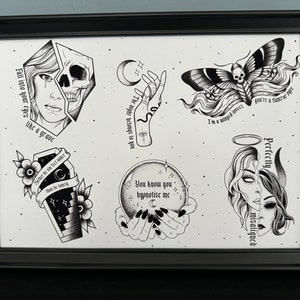 May include: Black and white illustrations of various tattoo designs, including a skull, a hand holding a crescent moon, a moth, a coffin, a crystal ball, and a woman with angel and devil features. The designs are accompanied by text, such as "Fall into your eyes like a grave" and "You know you hypnotize me".