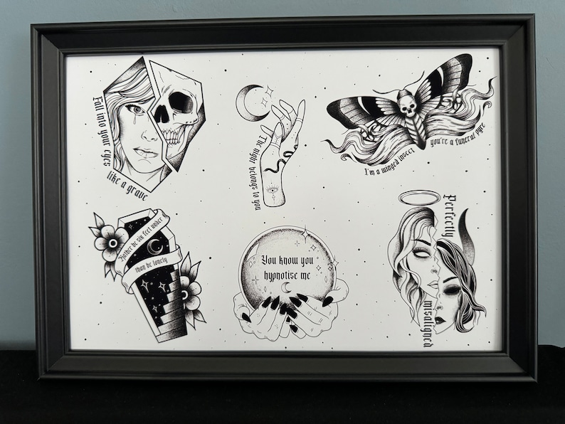 May include: Black and white illustrations of various tattoo designs, including a skull, a hand holding a crescent moon, a moth, a coffin, a crystal ball, and a woman with angel and devil features. The designs are accompanied by text, such as "Fall into your eyes like a grave" and "You know you hypnotize me".