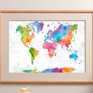 Acuarela mapa del mundo pared arte impresión, cartel de decoración del hogar, regalo de Navidad para él y ella, arco iris