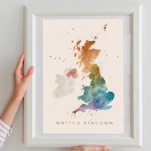 Arte de la pared del mapa del Reino Unido, decoración del hogar boho de la acuarela, regalo de Navidad para él y ella