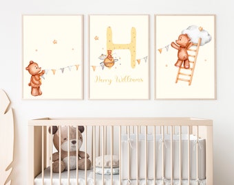 Set of 3 Teddy Bear Prints, Personalised Nursery Wall Art, Gender Neutral Nursery Decor, Baby Boys ,Baby Girls, Nursery Decor