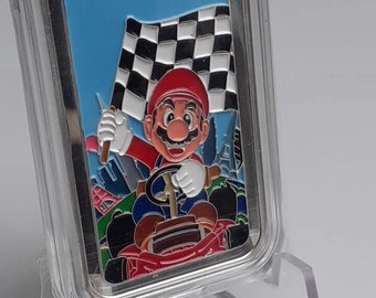 1oz .999 Silver Enameled Mario Kart Checkered Flag Art Bar n64