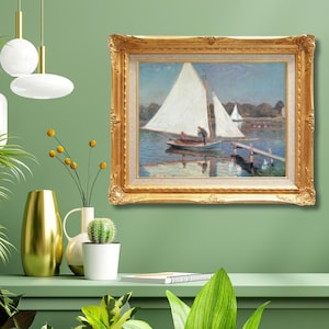 Claude Monet Oil Painting Reproduction – Boating at Argenteuil | Framed Hand-Painted Impressionist River Scene Wall Art