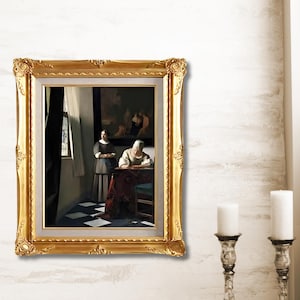 Senhora escrevendo uma carta com sua criada, de Johannes Vermeer | Reprodução de pintura a óleo emoldurada à mão – Uma história silenciosa se desenrola