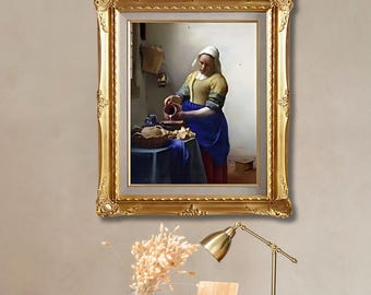 牛乳を注ぐ女 - ヨハネス・フェルメールの手描き油絵複製、窓辺