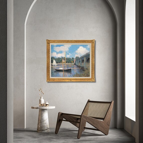 額入りクロード・モネ「アルジャントゥイユの橋」手描き油彩複製画