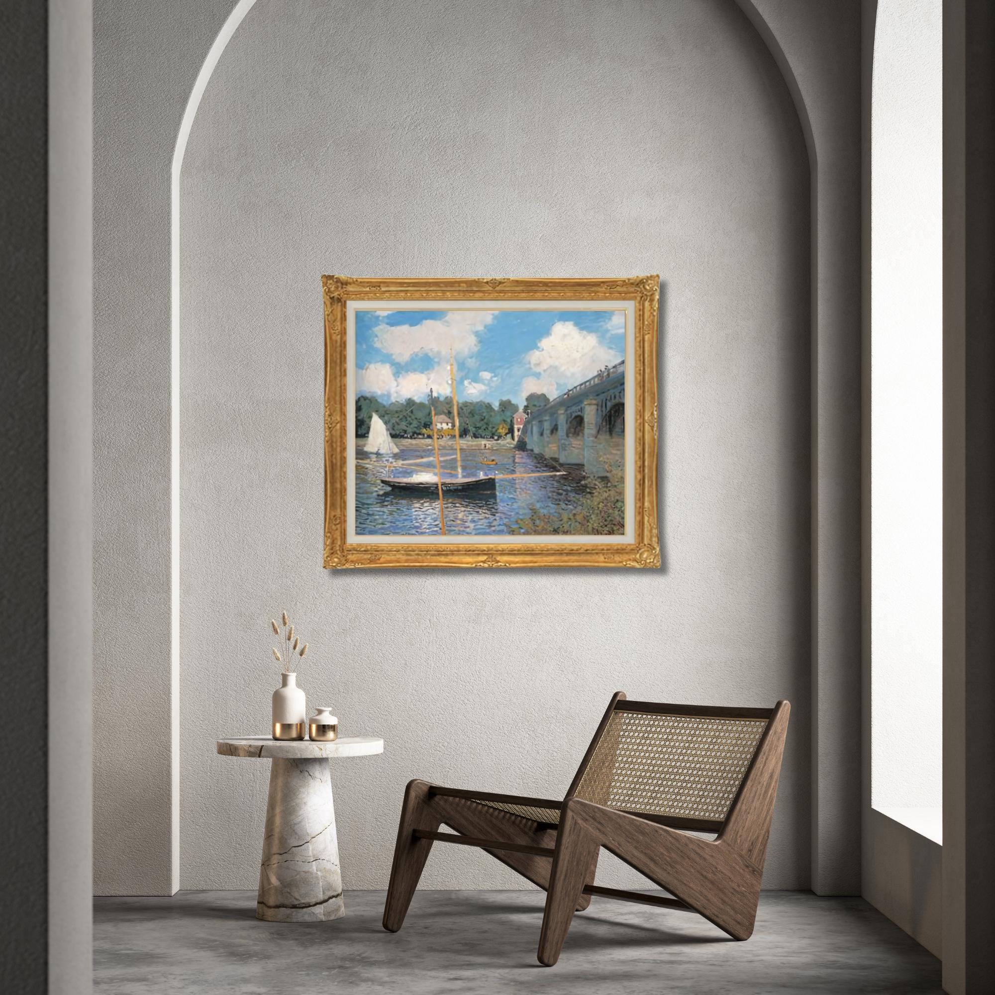 額入りクロード・モネ「アルジャントゥイユの橋」手描き油彩複製画