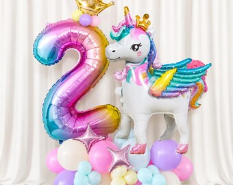 Kit de guirnalda de globos de unicornio y arcoíris para cumpleaños / Globos gigantes con números / Decoración para fiestas de cumpleaños de niñas / Artículos para baby shower (juego de 33 piezas)