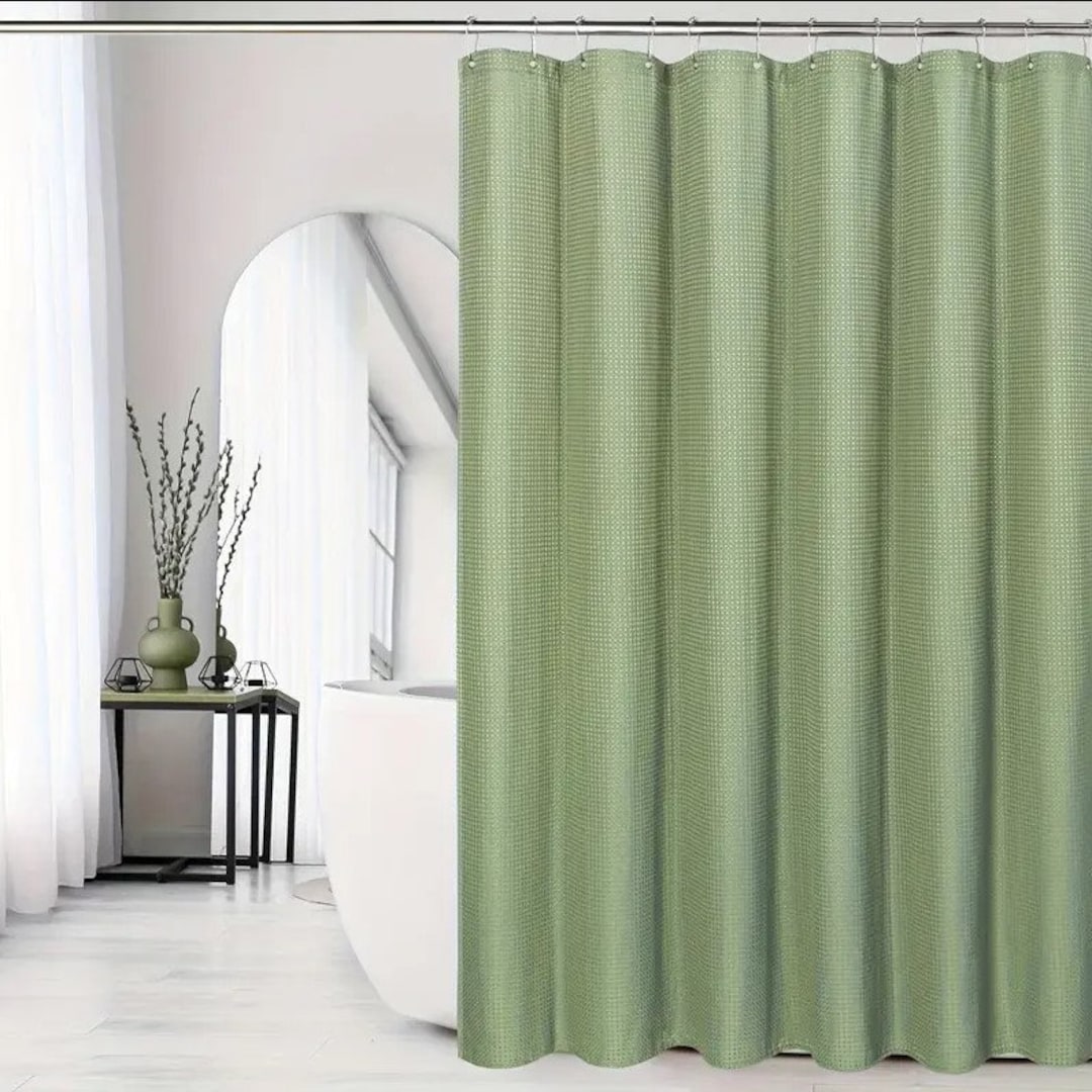 Sage Green Shower Curtain Thick Waffle Fabric Shower Curtain Bathroom