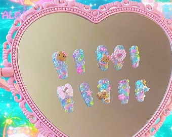 Hello kitty gyaru tropical core Press On Nails - sanrio tanned kawaii gal beach core kogal hawaii y2k 2000s summer manba gyaru sea harajuku