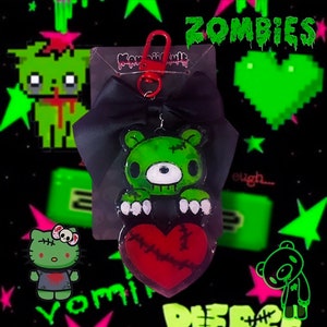 Zombie Gloomy Bear Pooh Inspired Black Green Red Emo Scene 2000s Y2k Keychain Resin Heart Bag accessorie