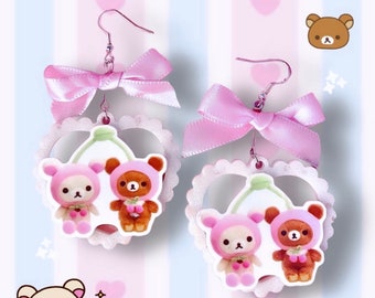 Rilakkuma Korilakkuma Earrings - San-X  Cherry Heart Shaped Cherries 2000s character Coquette Cutecore Pink Ribbon Kawaii Teddy Bear Plush