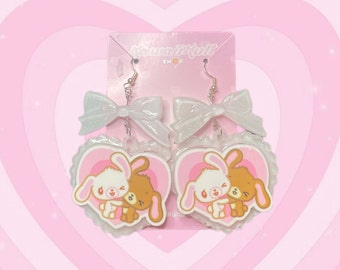 Sugarbunnies Sanrio Earrings - Shirousa Kurousa Shiro Usa &Kuro Usa Ribbon heart shaped 2000s Vintage cartoon character lapin rose et blanc