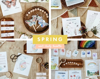 May include: A spring unit study bundle with colorful printable worksheets and activities. The bundle includes a butterfly anatomy chart, a weather station, a cloud chart, a butterfly life cycle chart, and an egg anatomy chart. The bundle also includes a scavenger hunt and a set of flashcards.