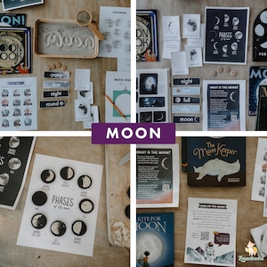 May include: A collection of educational materials for learning about the moon. The materials include a book, flashcards, a poster, and a printable worksheet. The materials are all in black and white with illustrations of the moon in different phases.
