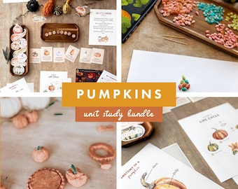 May include: A collage of images featuring a pumpkin unit study bundle. The images include a pumpkin life cycle, anatomy of a pumpkin, and various activities for learning about pumpkins.