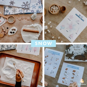 May include: A winter-themed learning activity set with a variety of activities for children. The set includes a book about snowflakes, a snowflake identification chart, a snow-themed animal tracks chart, a track matching game, a tray for making snow prints, and a rolling pin for making play dough snowballs.
