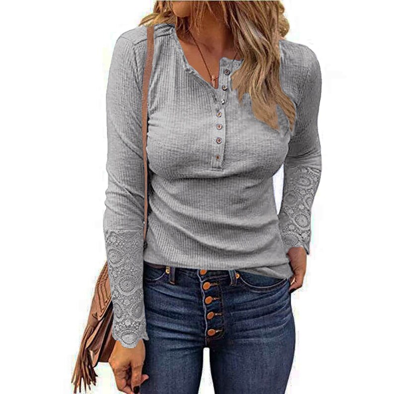 Women's Henley Tshirt Top With Lace Long Sleeves Haute Etsy