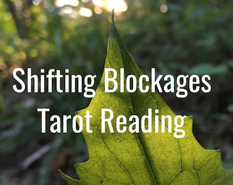 May include: A close-up of a green leaf with the text "Shifting Blockages Tarot Reading" in white. The leaf is in focus, with a blurred background of green foliage and sunlight.