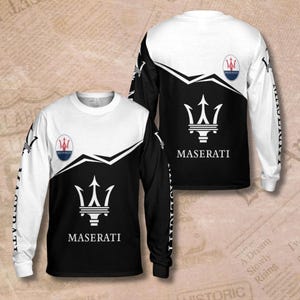 Custom Racing Long Sleeve Shirt – Personalized Black White Motorsport Jersey for Maserati Fans and Car Enthusiasts