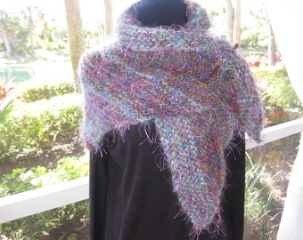 Hand-knitted scarf/shawl, gift for any occasion. Pale aqua and deep purple with designer iridescent eyelash.