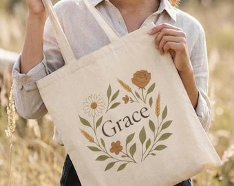 Grace Floral Wreath Tote Bag | Botanical Name Canvas Tote