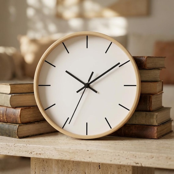 Minimalist Modern Wall Clock | Black White or Wood Grain Frame