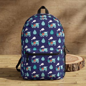 Blue Train Pattern Backpack | Kids Engine Cartoon Train, Raindrop Print