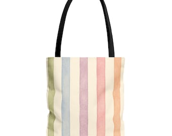 Pastel Watercolor Stripe Canvas Tote Bag, Hand-Painted Rainbow Stripes, Everyday Market Bag