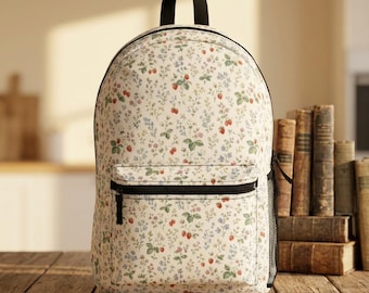 Strawberry Wildflower Botanical Backpack, Cottagecore Floral School Book Bag