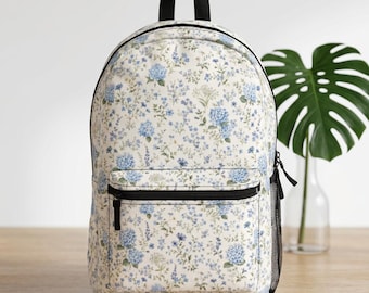 Blue Hydrangea Watercolor Floral Backpack, Cottagecore Wildflower Book Bag