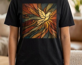 Mid Century Dove Stained Glass Style T-Shirt, Retro Minimalist Art Tee