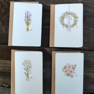 Jeu de 4 cartes de voeux en acrylique peintes à la main, art botanique, cartes pliées vierges avec enveloppes kraft