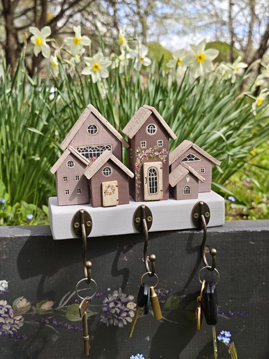 Hand-painted Wooden Key Holder – Miniature Village Wall Hook – Dusty ...