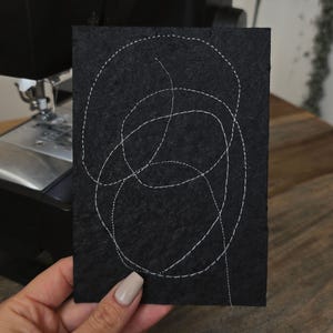K&ouml;nnte beinhalten: Ein schwarzes, rechteckiges St&uuml;ck Stoff mit wei&szlig;en F&auml;den, die ein abstraktes Muster bilden. Der Text "Using sewing machine" ist unten sichtbar. Im Hintergrund ist eine N&auml;hmaschine zu sehen.
