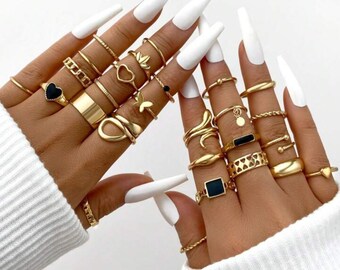 Ring Set  Gold Edelstahl 27 stück Ringset Gift Damen Ring  Boho Accessoire  Geschenk Set Stapelbare ringe Geburtstagsgeschenk  desing