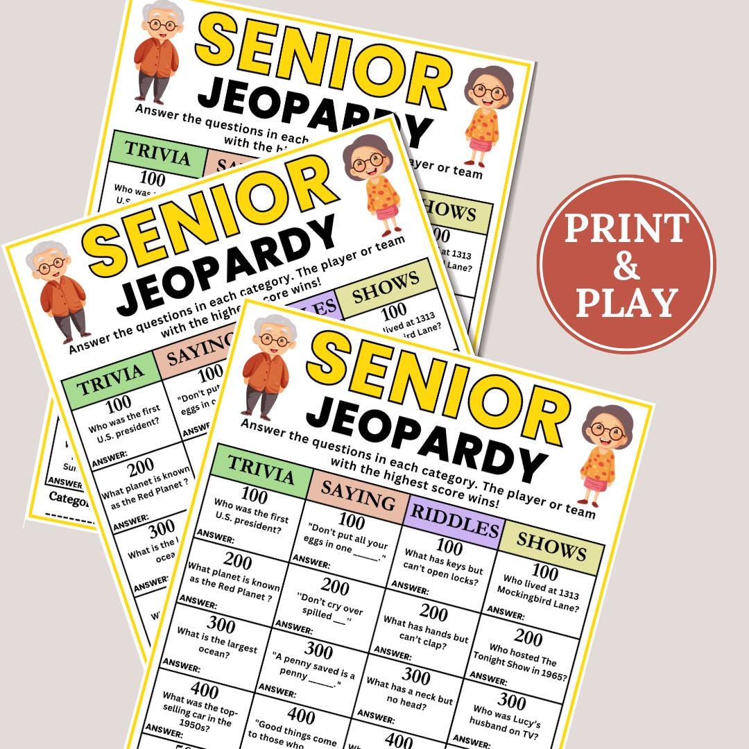 Senior Jeopardy Game, Games for Senior Citizens, Senior Activity
