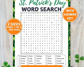 May include: A printable St. Patrick's Day word search puzzle with a green shamrock pattern background. The puzzle features a grid of letters with words related to St. Patrick's Day hidden within. A list of words to find is included below the puzzle.
