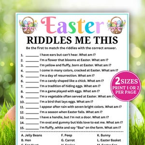 Puede incluir: Un juego de adivinanzas imprimible con temática de Pascua con texto e ilustraciones coloridas. El título "Easter Riddles Me This" se muestra de forma destacada. El juego incluye adivinanzas y opciones de respuesta.