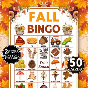 Può includere: Un cartoncino per il gioco del bingo a tema autunnale con le parole "FALL BINGO" in arancione. La carta presenta illustrazioni di oggetti autunnali come un cappello, una torta, una ghianda, un trattore, mais e altro. Include 50 carte.