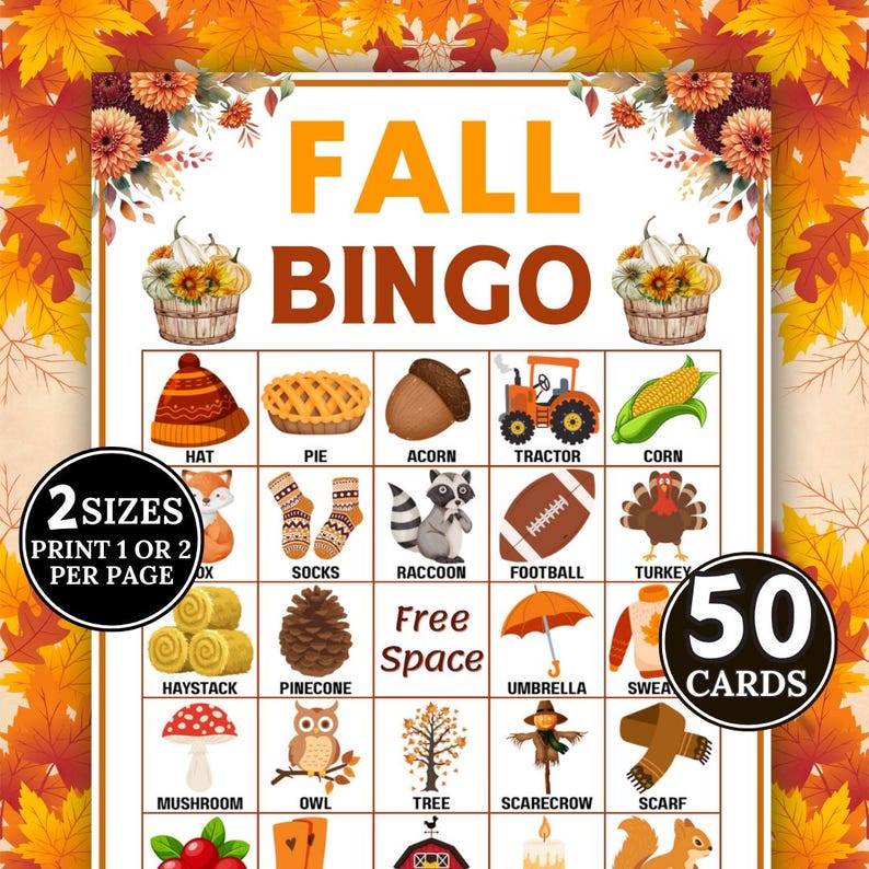 50 Fall Bingo Cards, Fall Bingo, Printable Fall Party Game, Autumn ...